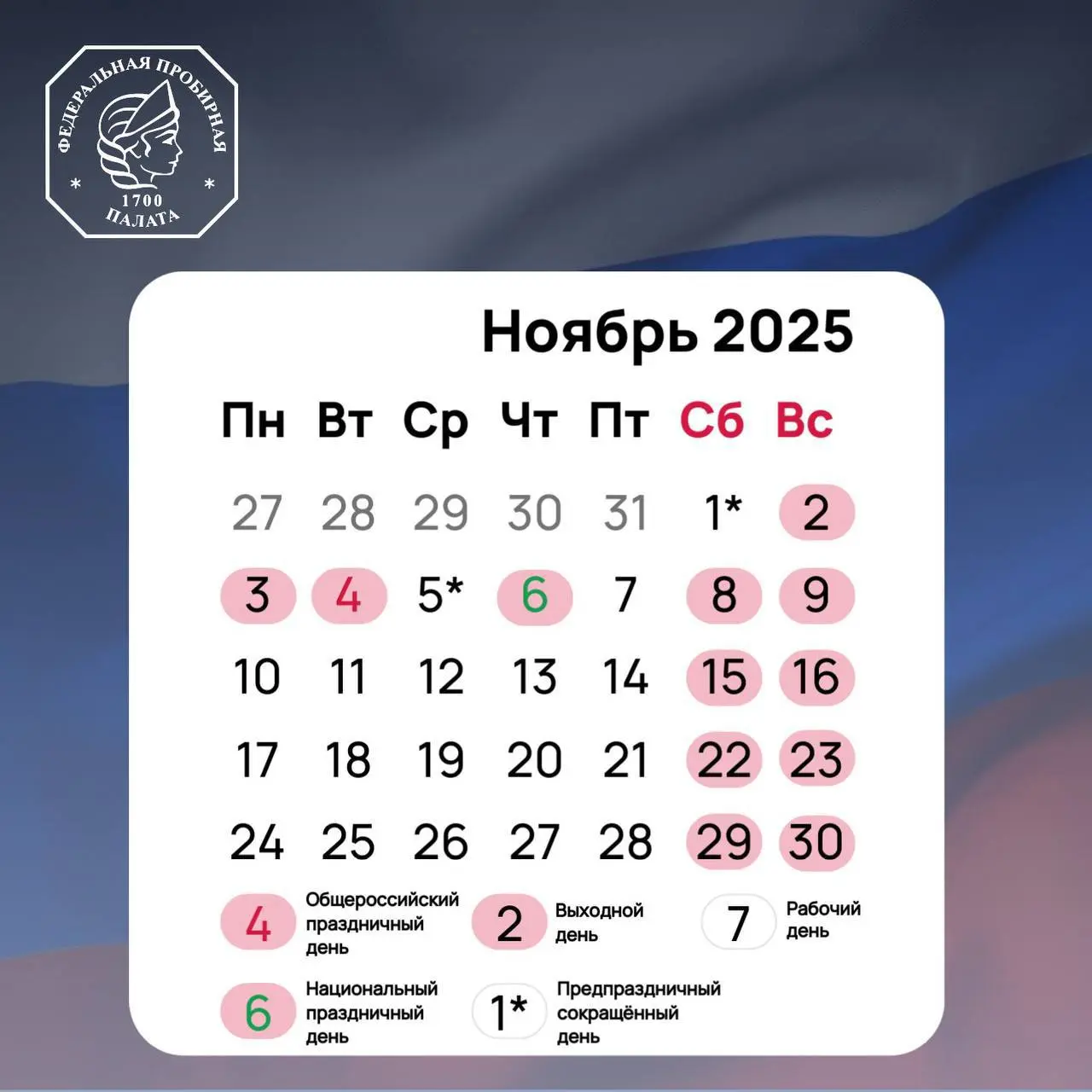💎 Режим работы Федеральной пробирной палаты в ноябре 2025 года
Суббота, 1 ноября, будет рабочим днём. Выходной с этой субботы переносится на понедельник, 3 ноября | Сетка — социальная сеть от hh.ru