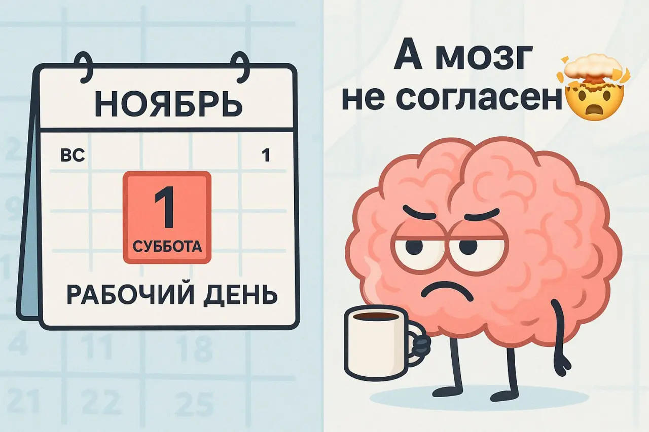 ⁉️ Как пережить рабочую субботу и не потерять мотивацию
Да, вы не ошиблись — сегодня рабочая суббота 👀
В 2025 году 1 ноября трудимся из-за переноса выходного дня на понедельник, 3 ноября | Сетка — социальная сеть от hh.ru