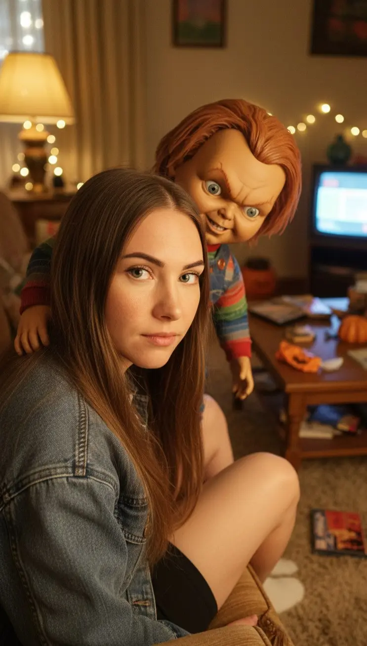 🎃 Ну что, вот и конец октября! 😏  
🎉С Хэллоуином!🎃🎃🎃  

Этот месяц я завершаю немного "устрашающим" фотосетом — нейрофотосессией в стиле ретро-хоррор,  
где я оказалась внутри фильма ужасов | Сетка — социальная сеть от hh.ru