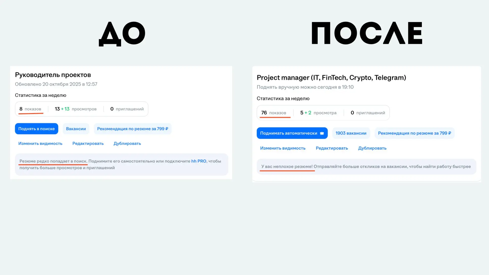 Подсвечу пару признаков, по которым можно определить хорошее у вас резюме или нет:
1️⃣Резюме имеет просмотры в пассивном режиме: То есть даже если вы не откликаетесь на вакансии, ваше резюме есть в ор... | Сетка — социальная сеть от hh.ru