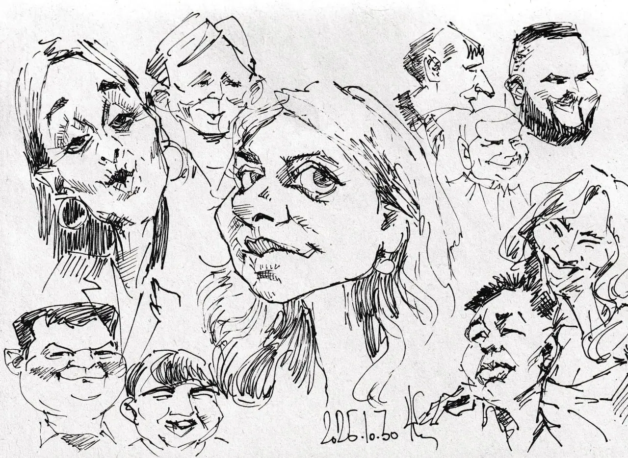 Просто чернильная разминка. Без карандаша😎
Если кто-то смотрит современный КВН, то, может быть, и узнает кого-нибудь на этих зарисовках😎😎😇
 | Сетка — социальная сеть от hh.ru