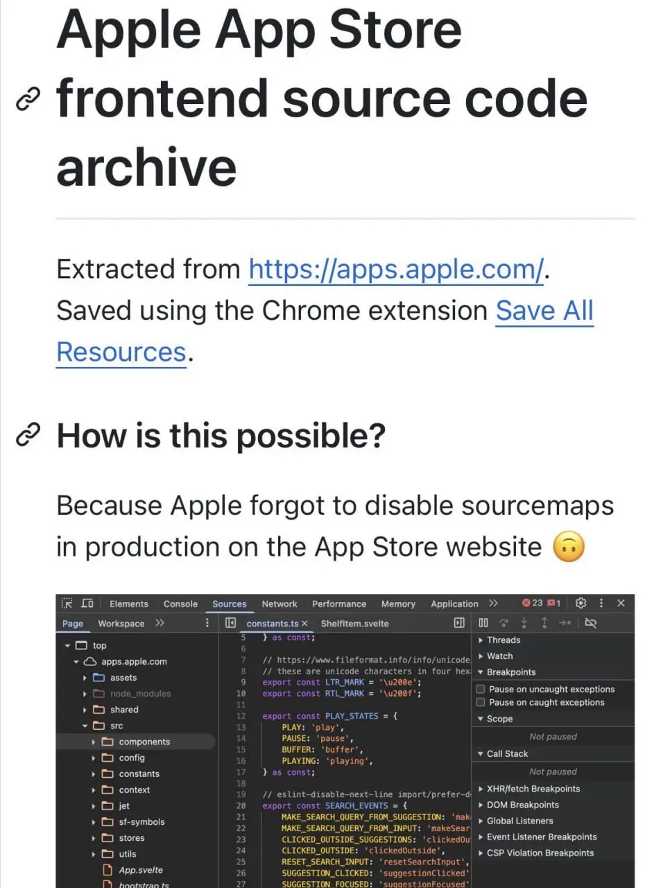 Инди компания "Apple" выпустила app store на Svelte и забыла убрать сорсмапы в проде. Прощаем? | Сетка — социальная сеть от hh.ru