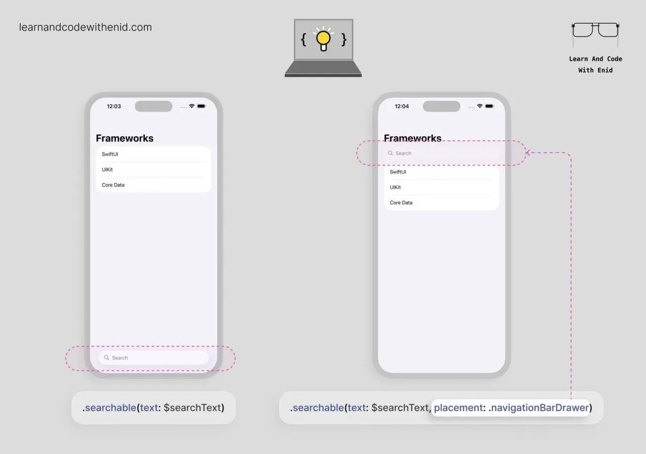 Совет по SwiftUI
В iOS 26 строка поиска по умолчанию отображается внизу
Её можно перенести в навигационный бар, изменив параметр placement в модификаторе searchable() | Сетка — социальная сеть от hh.ru