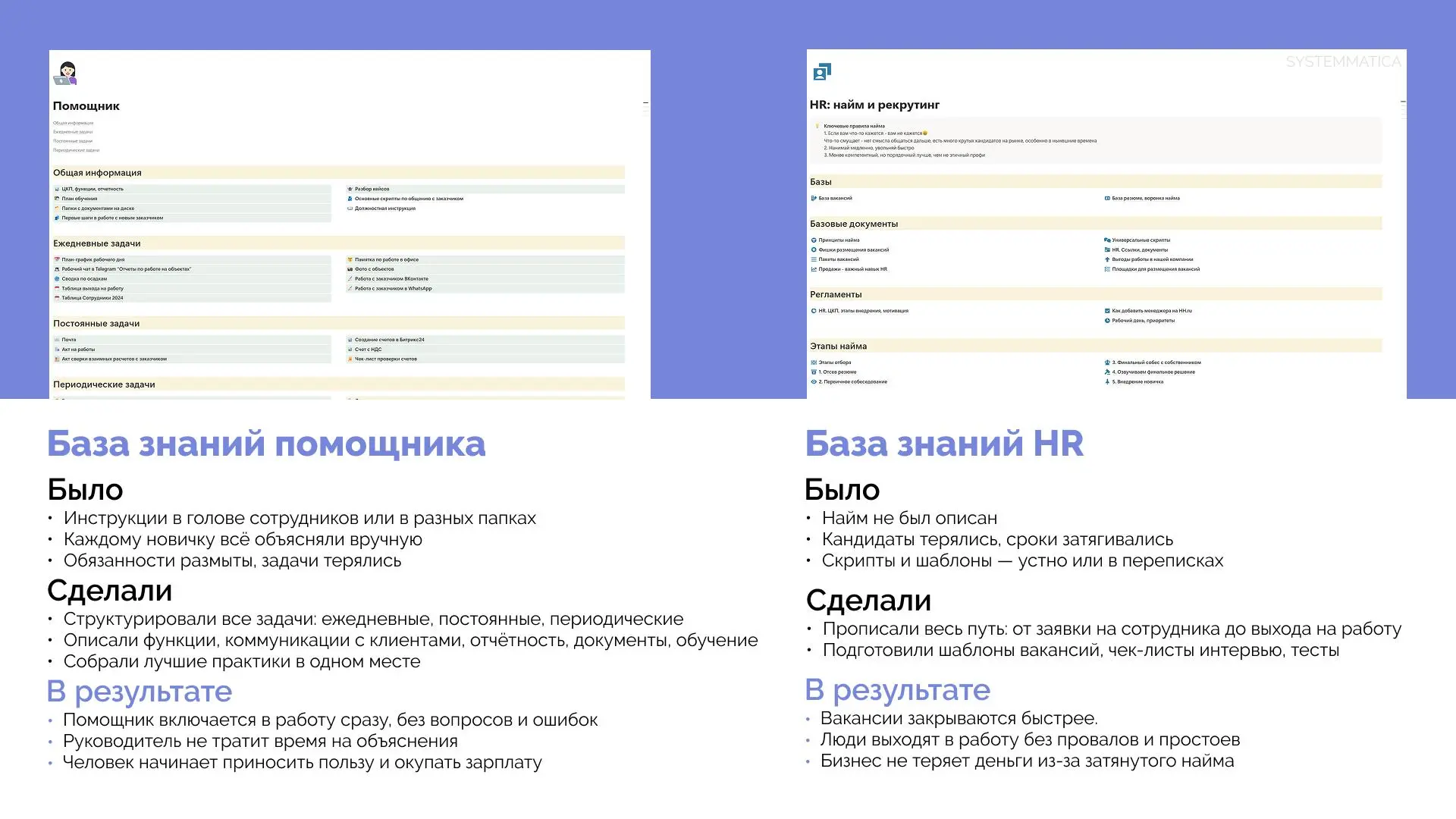 Кейс. База знаний для сотрудников склада. Превратили хаос в управляемый бизнес
Кратко ниже, подробности - на картинках👆
Проблема:
Учёт в голове сотрудников | Сетка — социальная сеть от hh.ru