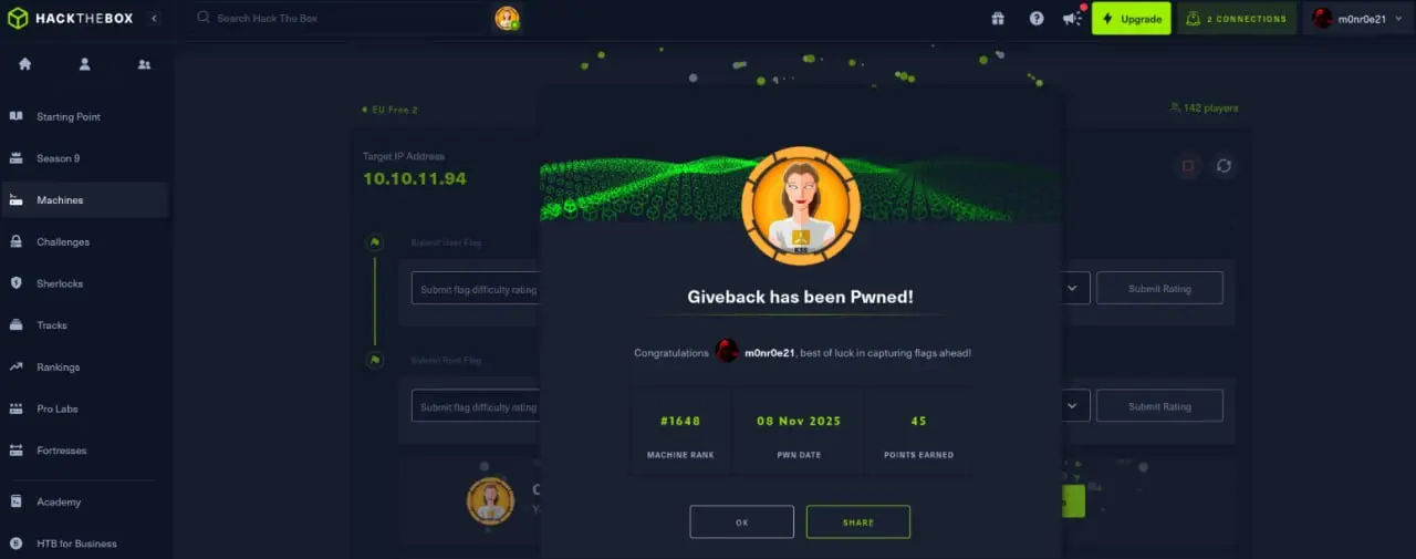 Успел до закрытия забрать и user и root на Giveback
Было интересно, очень рекомендую | Сетка — социальная сеть от hh.ru