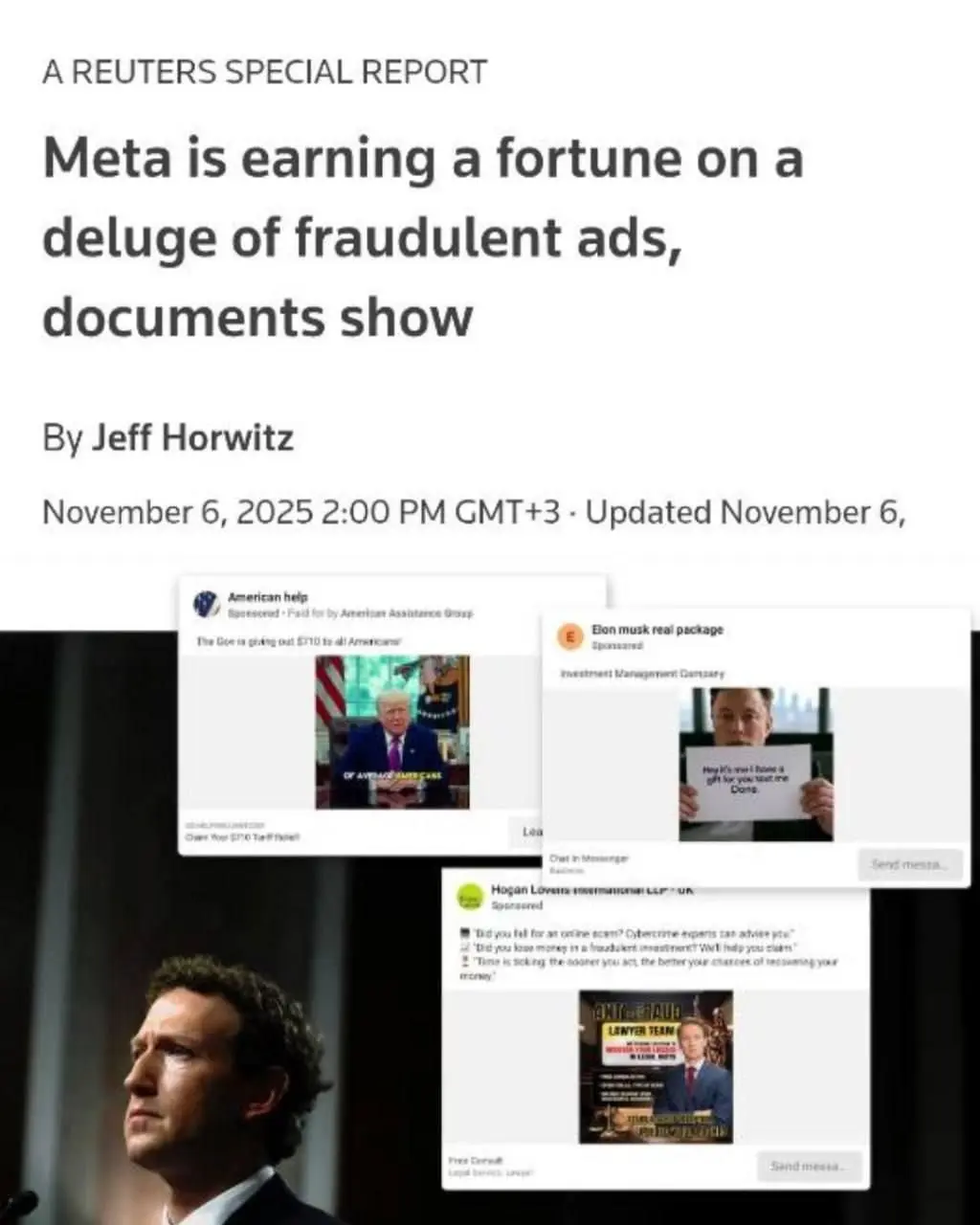 Мошенники ежедневно приносят Meta* 1,5 млрд долларов
А именно сервисы Цукерберга показывают 15 млрд скам-объявлений в день, но сознательно не решают эту проблему, пишут СМИ | Сетка — социальная сеть от hh.ru