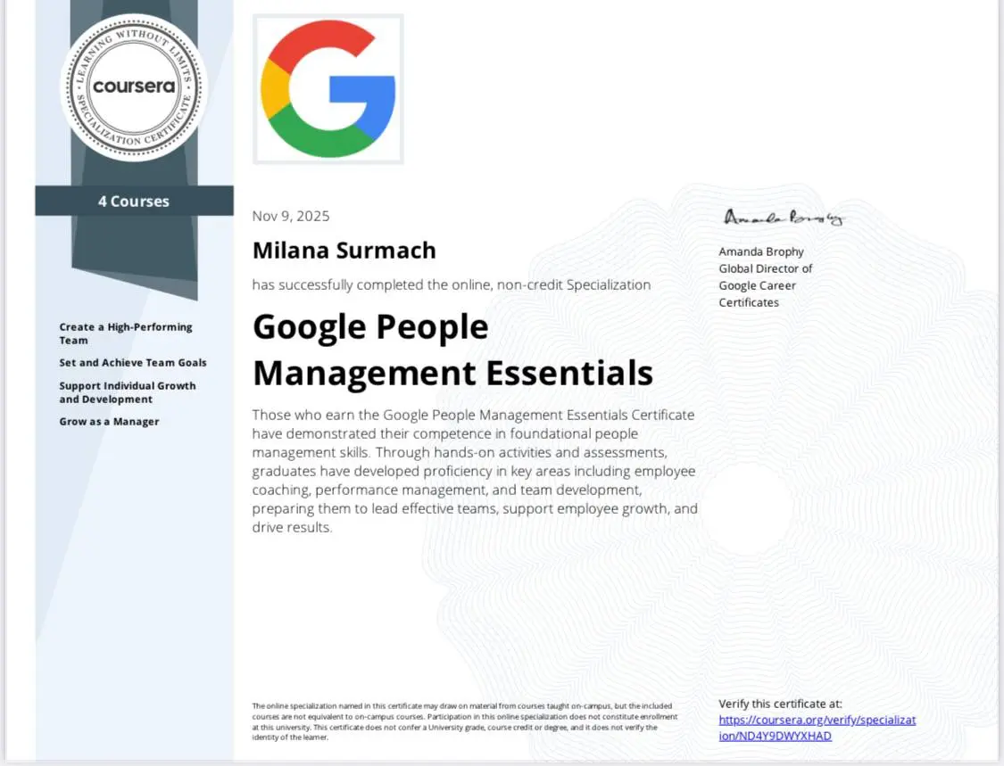 ✨ Завершила курс от Google по People Management Essentials
Делюсь, чем он меня впечатлил и как они встроили ИИ прямо в обучение 🤖💛 Это реально круто!
📚 Курс состоит из четырёх подкурсов:
💡 Создание вы... | Сетка — социальная сеть от hh.ru