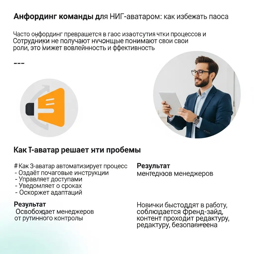 «Упрощай онбординг с ИИ-аватаром!»
➢ Избегаешь хаоса при онбординге? Узнай, как ИИ-аватар упрощает адаптацию команды | Сетка — социальная сеть от hh.ru