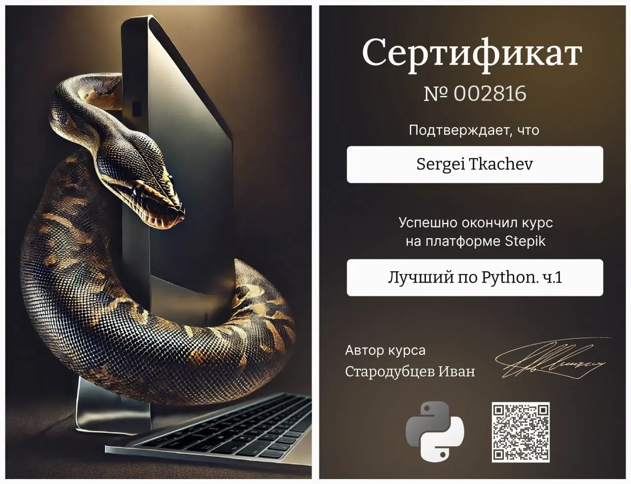 Два месяца назад 12 сентября 2025 г. я записался на первый курс по Питону (Python) и начал учебу.
На сегодняшний день я уже закончил три курса и получил три сертификата | Сетка — социальная сеть от hh.ru