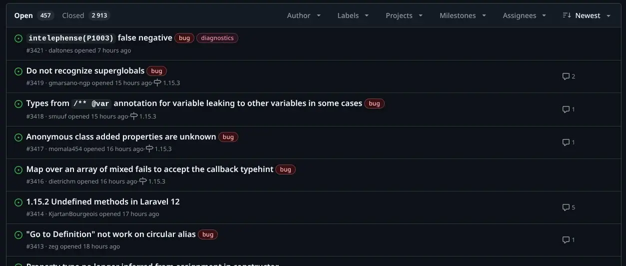 Неделя ознаменована "успешными" релизами.
https://github.com/bmewburn/vscode-intelephense/issues
Вышла 1.15 версия, которая очень сильна поломана | Сетка — социальная сеть от hh.ru