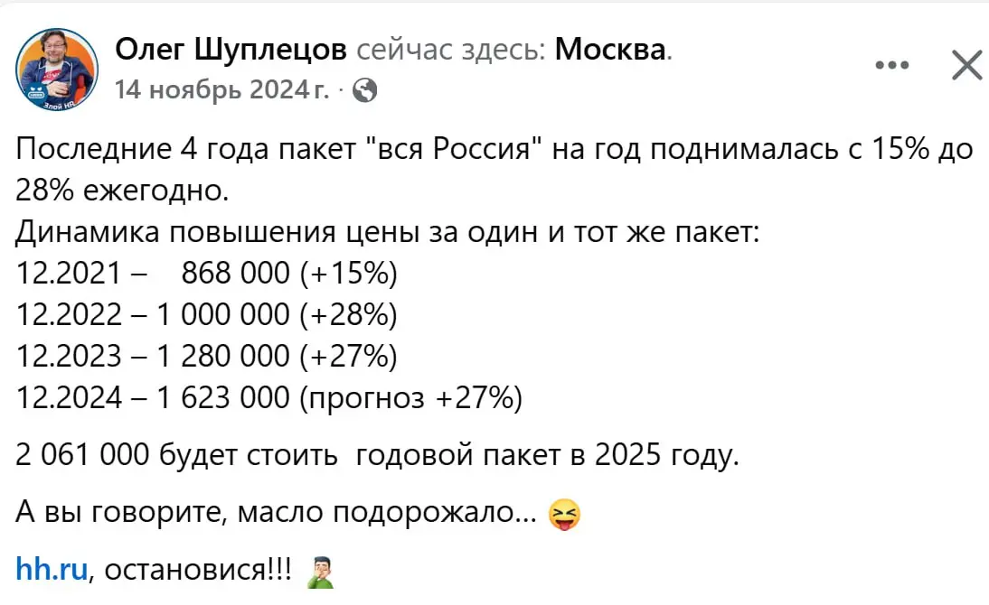 Репостну тут своего коллегу с очень показательной статистикой по стоимости пакета hh для работодателей | Сетка — социальная сеть от hh.ru