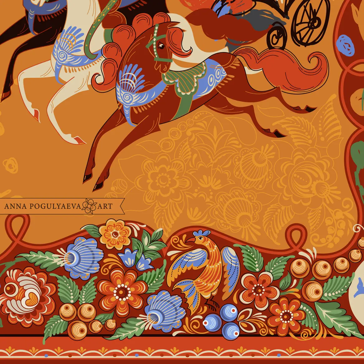 Русская тройка. Векторная иллюстрация для шёлкового платка | Сетка — социальная сеть от hh.ru