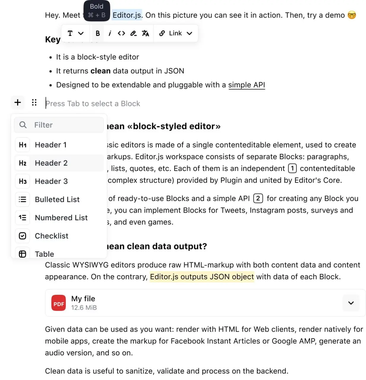 https://editorjs.io/
Редактор текста, который прежде всего интересен результатов сохраненных данных.
Обычно tinymce и прочие сохраняют готовую разметку | Сетка — социальная сеть от hh.ru