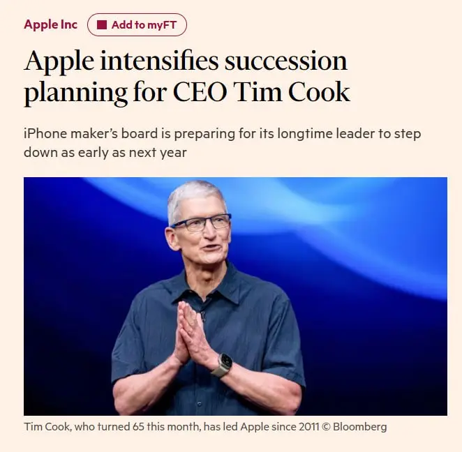 Тим Кук покинет должность гендиректора Apple в следующем году. Об этом с уверенностью написал авторитетный Financial Times | Сетка — социальная сеть от hh.ru