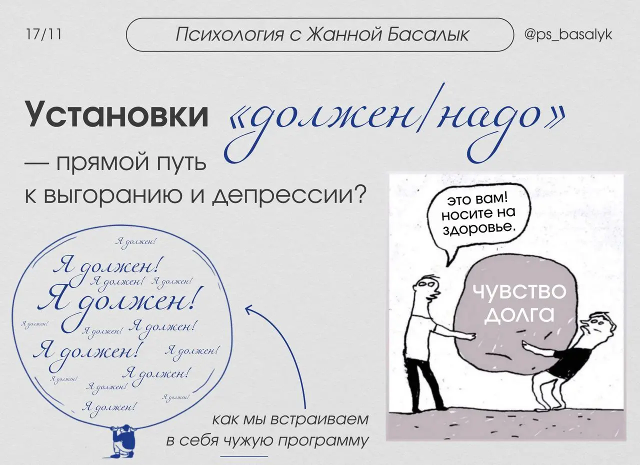 Почему установки «должен/надо» — это прямой путь к выгоранию и депрессии?
С точки зрения психологии, постоянное использование слов «должен/надо/обязан» — маркер интроекции | Сетка — социальная сеть от hh.ru