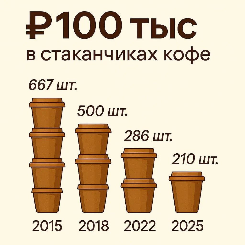 ☕️ Что происходит с рублём — на примере кофе
Аналитики наглядно показали, как обесценились 100 000 ₽ за последние годы | Сетка — социальная сеть от hh.ru