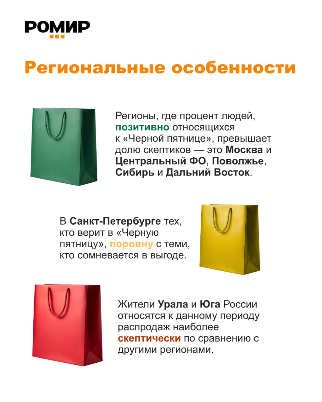 ⚡️ «Черная пятница» вызывает неоднозначное отношение у россиян
По данным РОМИР, почти половина россиян (46%) считает, что скидки в этот период — не более чем маркетинговый трюк с искусственно завышенн... | Сетка — социальная сеть от hh.ru