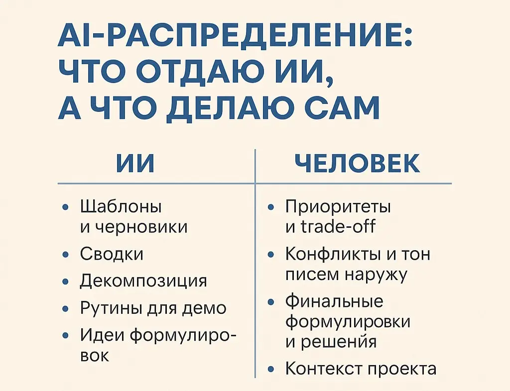 AI-распределение: что отдаю боту, а что делаю сам
GPT ускоряет руки, но не принимает решения.
Моя схема простая: бот - черновики и рутина, я - контекст и выбор | Сетка — социальная сеть от hh.ru