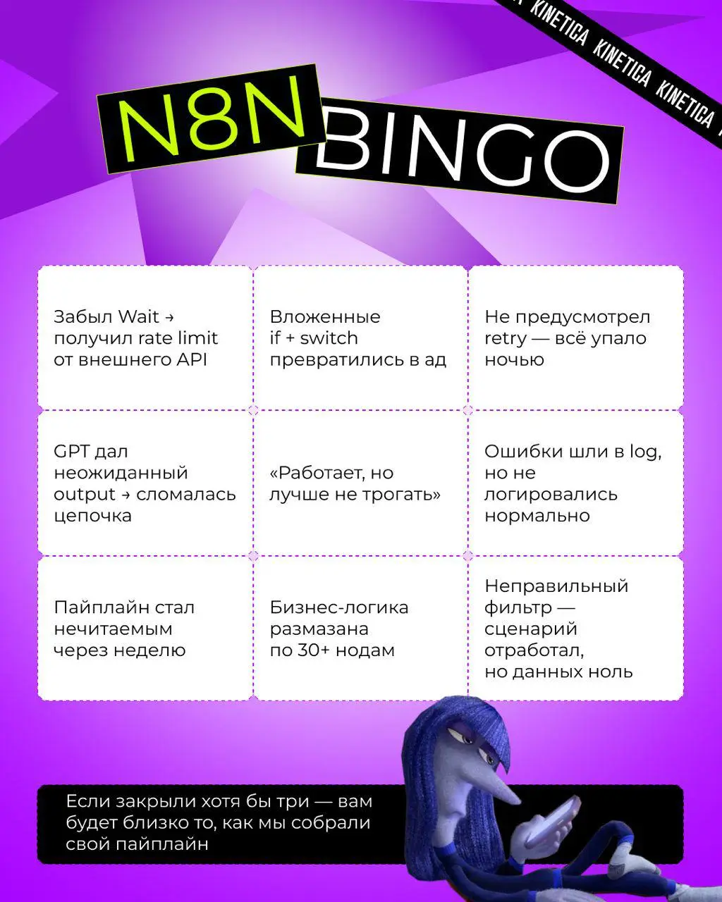 ⚡️ n8n Bingo: проверьте, сколько типовых ошибок вы уже собрали в своём пайплайне
Недавно я делился опытом того, как мы полностью автоматизировали сбор семантики с помощью n8n | Сетка — социальная сеть от hh.ru
