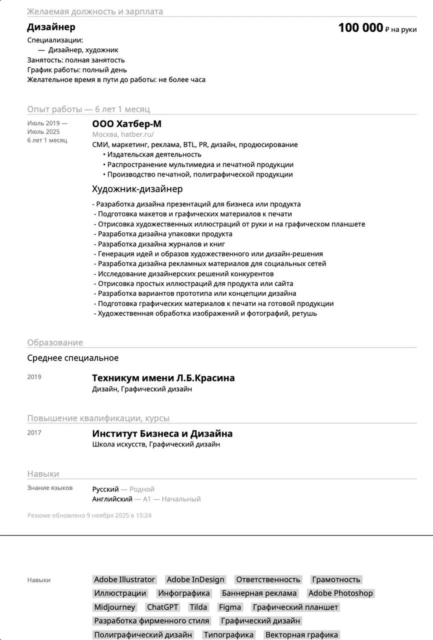 разбор резюме дизайнера
⚡️рынок труда дизайнера в 2025 (пишу про РФ)

кандидатов стало больше, вакансий меньше. на hh летом/осенью 25г резюме стало на 25–30% больше, а вакансий на 25% меньше | Сетка — социальная сеть от hh.ru
