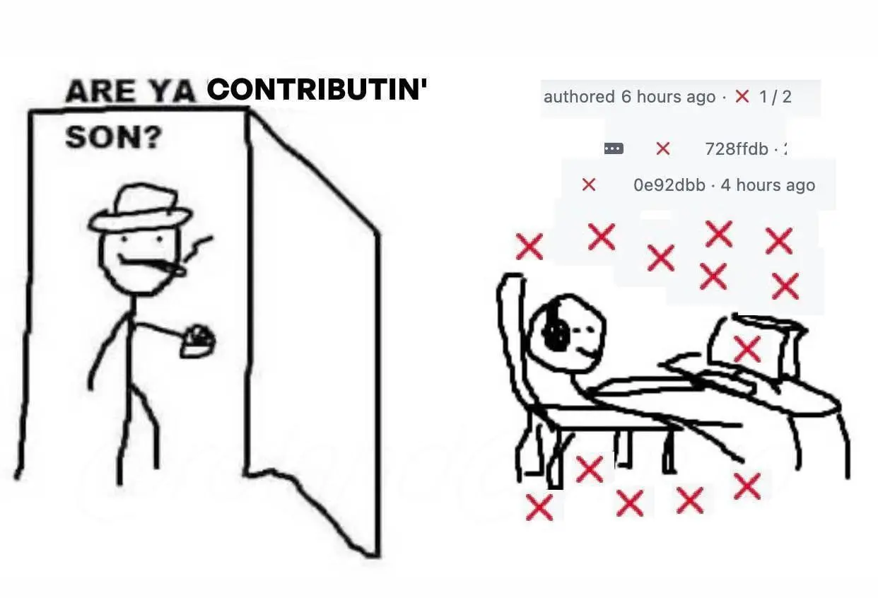 «Ты контрибьютишь, сынок?»
Красные кресты в Git, упавшие тесты, бесконечные мёрж-конфликты. Порой, чтобы «законтрибьютить» одну строчку, нужно потратить день на дебаг | Сетка — социальная сеть от hh.ru