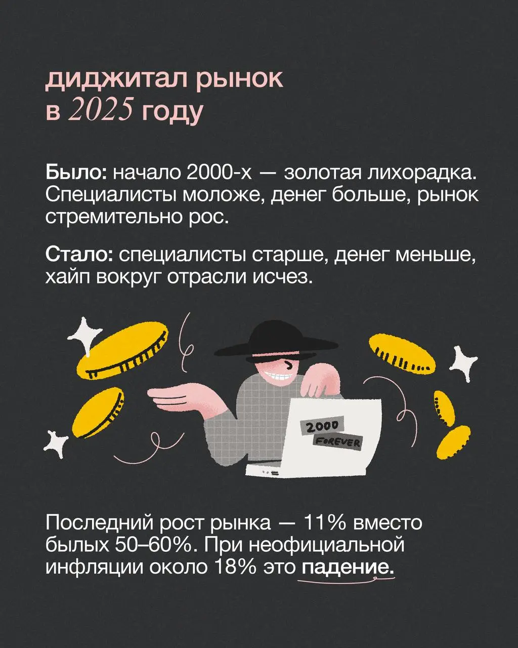 Хаос и поиск определенности: что происходит с диджиталом?
Золотая лихорадка диджитала осталась в прошлом: рынок падает, клиенты урезают бюджеты, а агентствам все сложнее удержаться на плаву | Сетка — социальная сеть от hh.ru