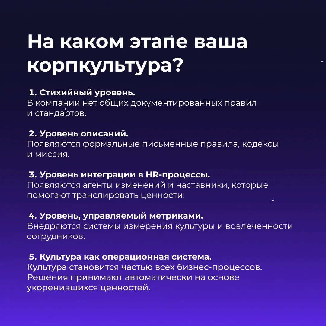 Как определить зрелость корпоративной культуры 👀
Корпоративная культура не возникает одномоментно — она проходит через несколько уровней зрелости | Сетка — социальная сеть от hh.ru