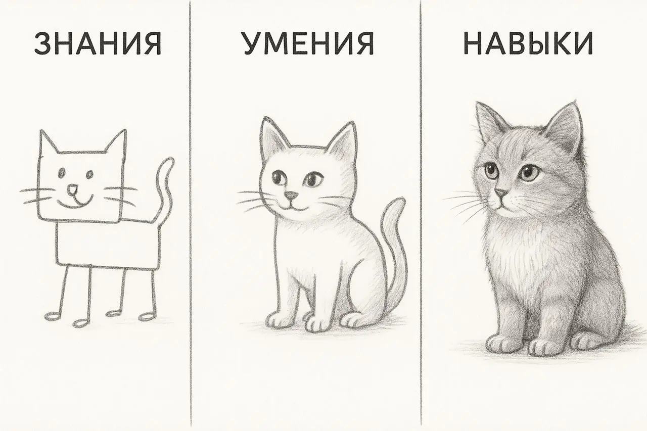 Знаете, в чём разница между знаниями, умениями и навыками? Вот вам отличная иллюстрация с котиками, которая объясняет это лучше любых определений 😊 (да-да, нагло переработанная картинка с лошадью)
Ско... | Сетка — социальная сеть от hh.ru
