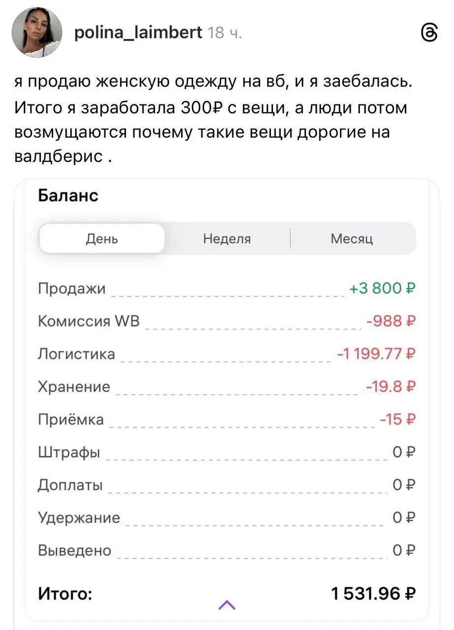 Девушка продала товар за ₽3800, но заработала всего ₽300.
Маркетплейс удержал ₽988 комиссии и свыше ₽2000 за логистику и хранение | Сетка — социальная сеть от hh.ru