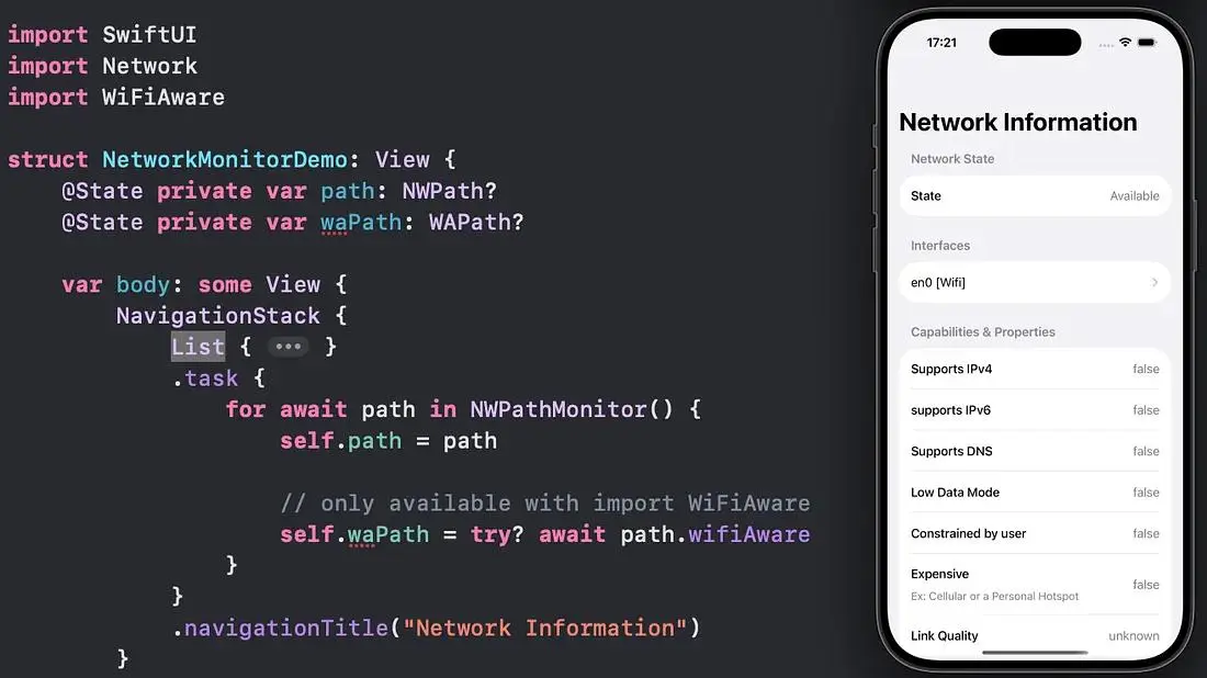 Маленький совет по SwiftUI: получайте информацию о сети и отслеживайте изменения
В некоторых сценариях нам может понадобиться получить/просмотреть информацию о сети устройства пользователя | Сетка — социальная сеть от hh.ru
