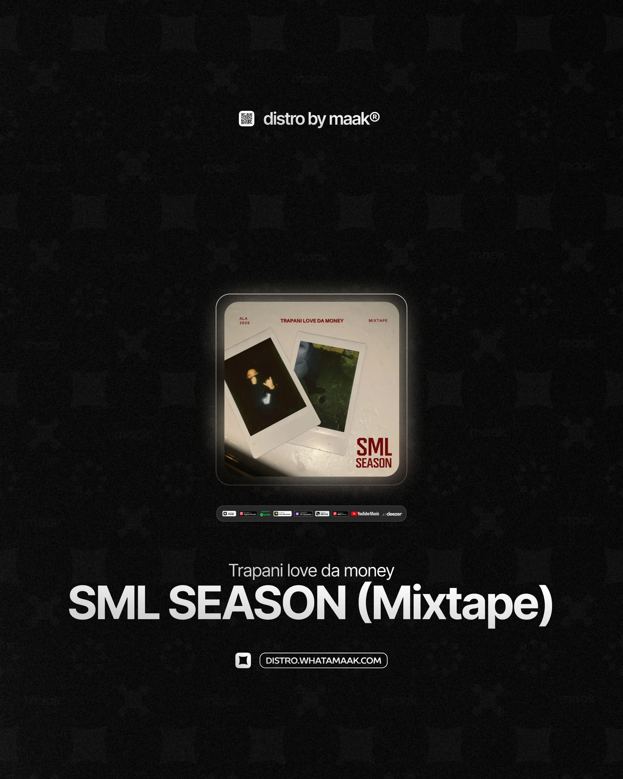 📀#drop — Новый релиз
👑 Trapani love da money — «SML SEASON» (Mixtape)
Trapani Love Da Money, артист из Казахстана, представляет микстейп «SML SEASON» - историю о жизни, любви и движении вперёд | Сетка — социальная сеть от hh.ru