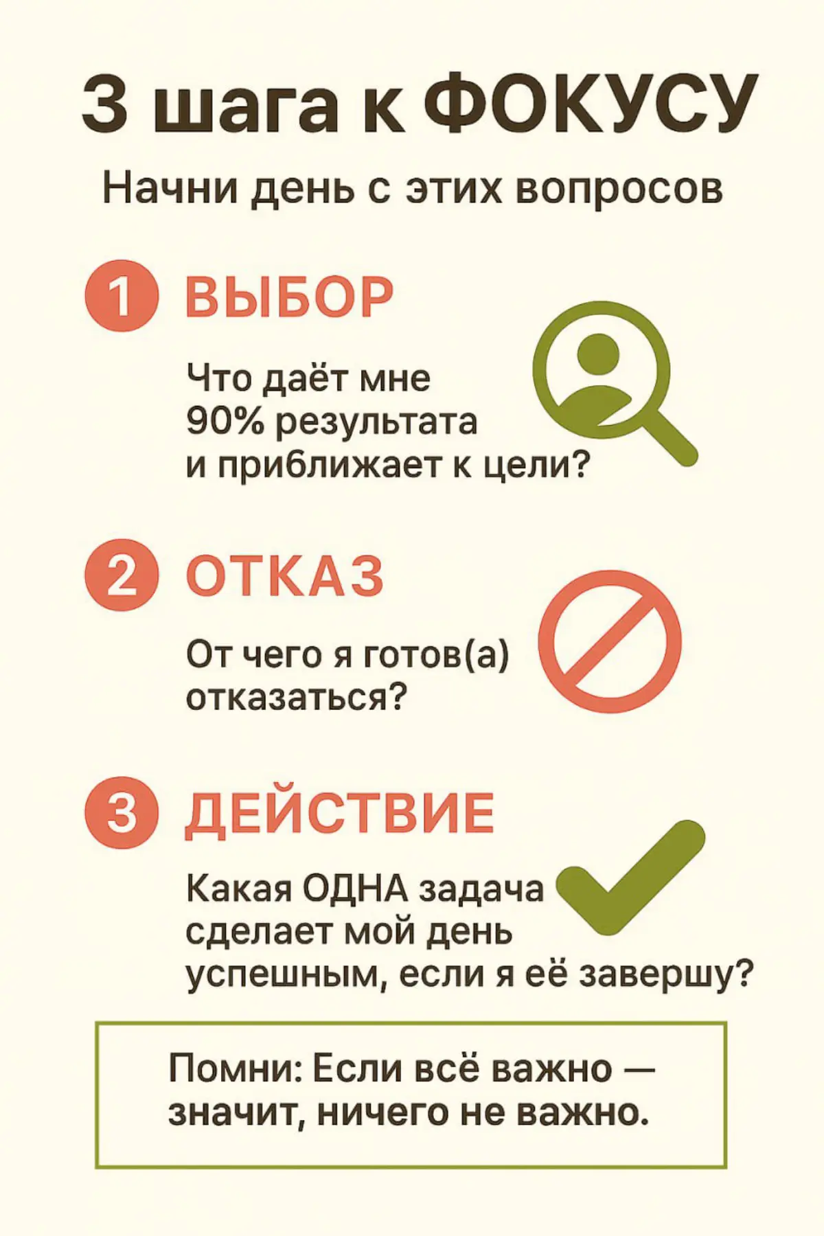 Слово priority (приоритет) исторически использовалось только в единственном числе. Оно означало ту самую первую и главную задачу. Всего одну.
Поэтому правило простое: один день — один приоритет | Сетка — социальная сеть от hh.ru