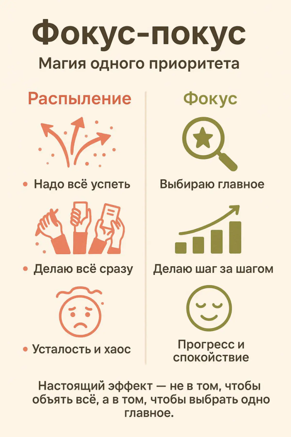 Слово priority (приоритет) исторически использовалось только в единственном числе. Оно означало ту самую первую и главную задачу. Всего одну.
Поэтому правило простое: один день — один приоритет | Сетка — социальная сеть от hh.ru