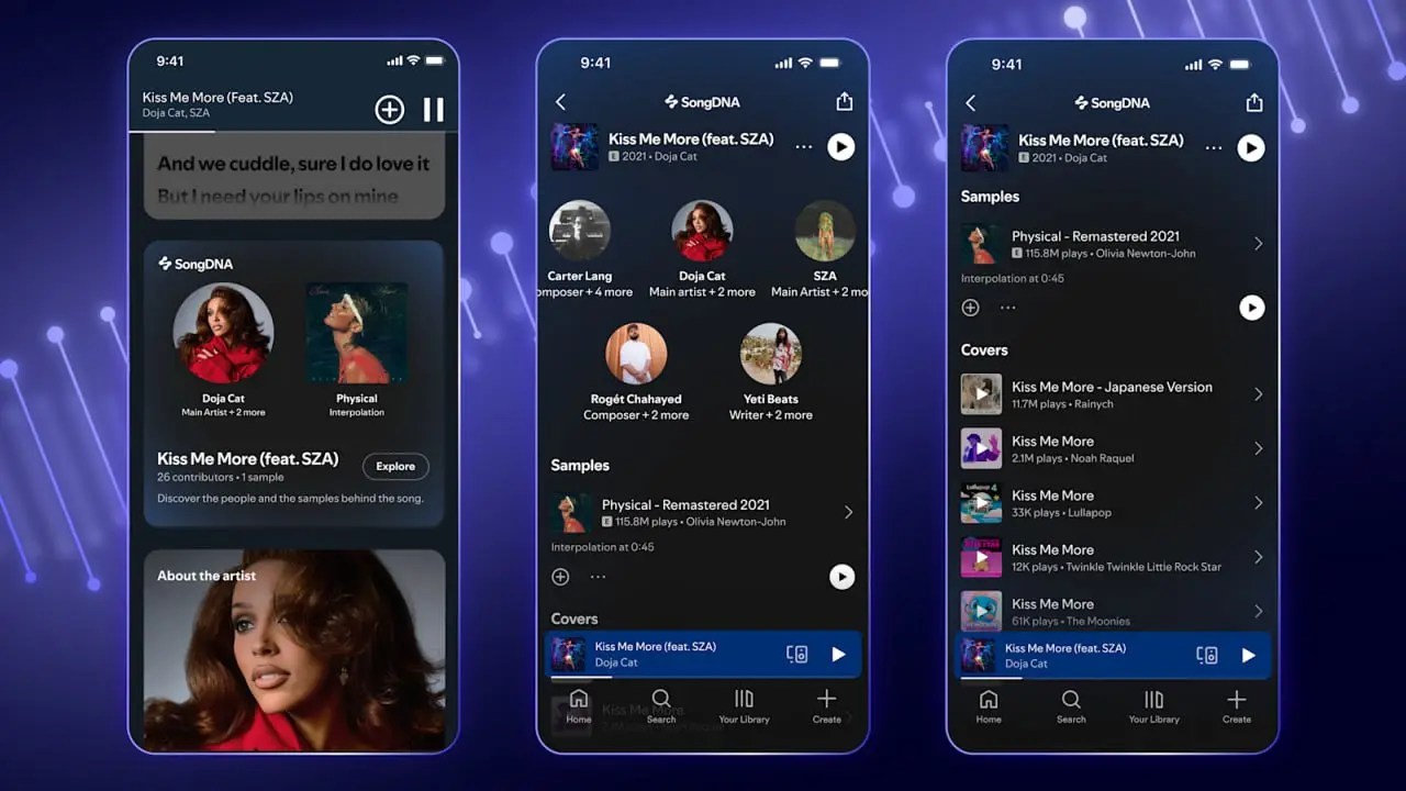 Spotify добавляет новую функцию «ДНК Песни».
Теперь в разделе «О треке» вы можете узнать, что конкретный человек делал в создании песни: мастеринг, играл гитарную партию или записал бэк-вокалы | Сетка — социальная сеть от hh.ru
