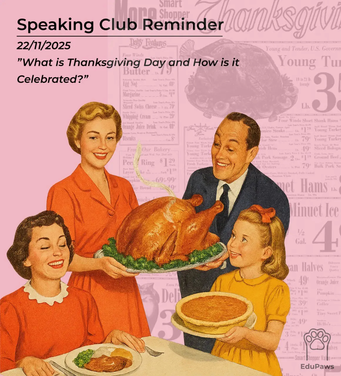 🦃 SPEAKING CLUB REMINDER: “What Is Thanksgiving and How Is It Celebrated?”
Почему одни проводят Thanksgiving дома с семьёй,
а другие путешествуют по стране? ✈️
Что делать, если ты сжёг индейку, приеха... | Сетка — социальная сеть от hh.ru