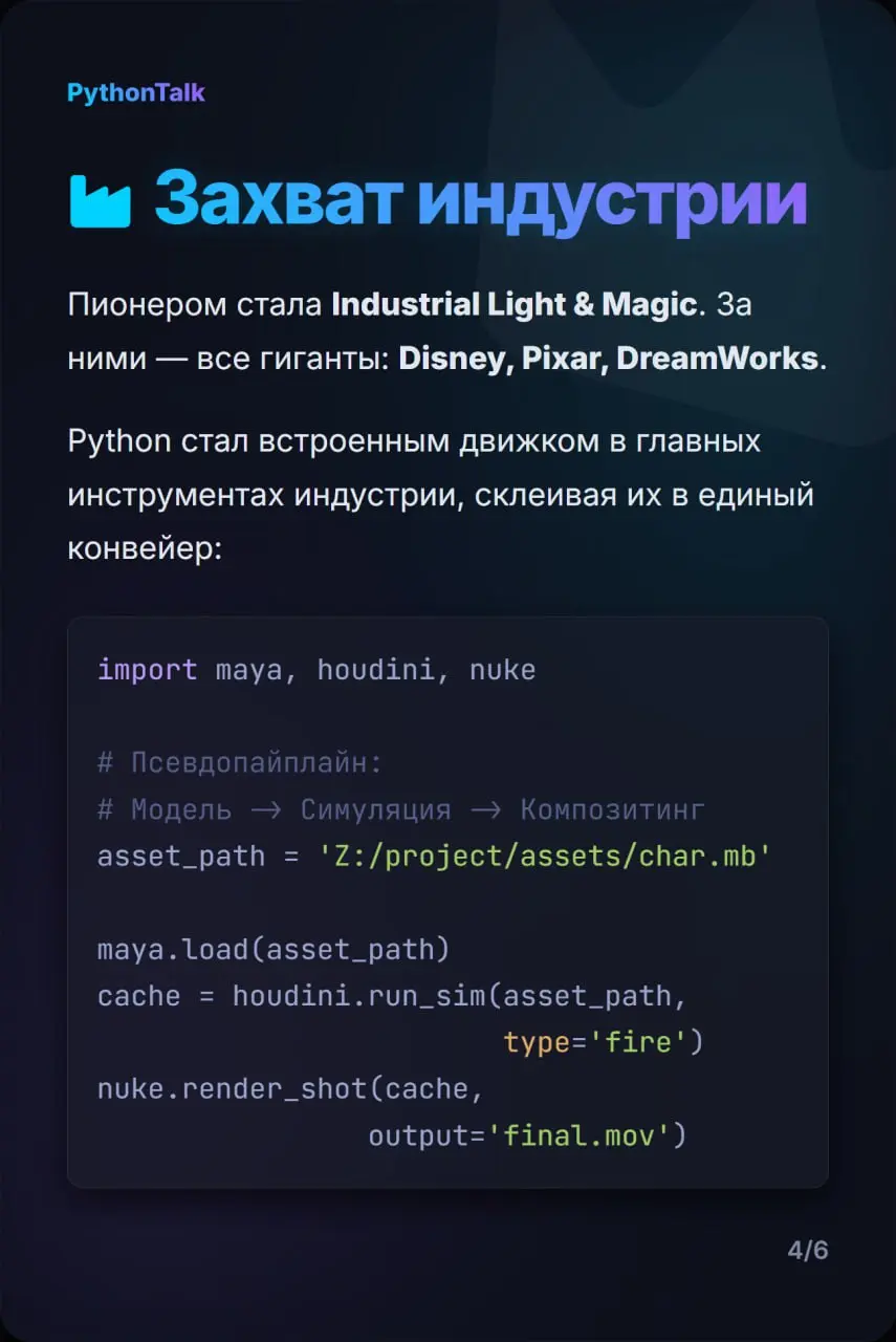 🎬 Как «медленный» Python захватил Голливуд?
Все знают про веб и Data Science. Но не все знают, что за спецэффектами в Marvel, Pixar и Disney стоит так же старый добрый Python | Сетка — социальная сеть от hh.ru
