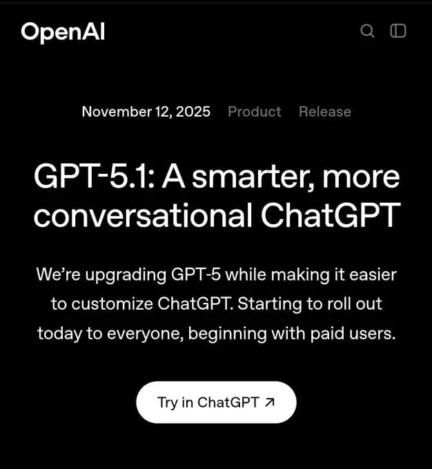 ⚡️ GPT-5.1 ВЫШЕЛ — OpenAI внезапно выпустили новую модель.
ИИ теперь сам решает, когда «подумать подольше», а когда просто ответить без философии | Сетка — социальная сеть от hh.ru