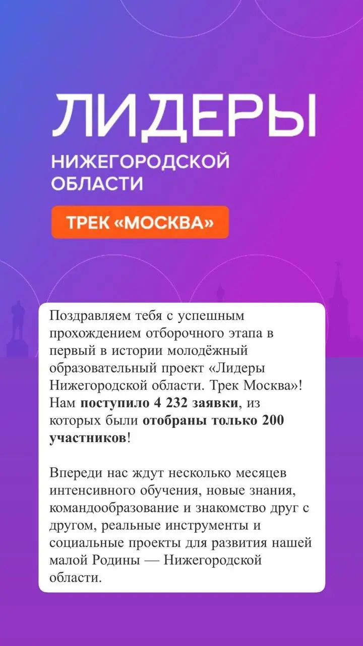 Вау! Сегодня новость у меня. Я даже не ожидал. Но так приятно!
Попал в 200 из 4232 человек, которые подавались на программу Лидеры Нижегородской области (в треке «Москва») | Сетка — социальная сеть от hh.ru