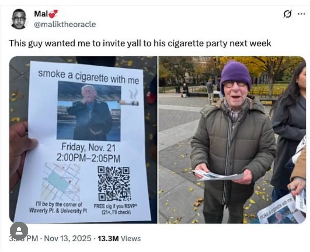 🔞
🚬Он позвал незнакомцев на перекур — пришло 1500 людей
В Нью-Йорке 75-летний актёр и интернет-персонаж Боб Терри устроил, кажется, самый масштабный перекур в истории: больше 1 500 человек собрались в... | Сетка — социальная сеть от hh.ru