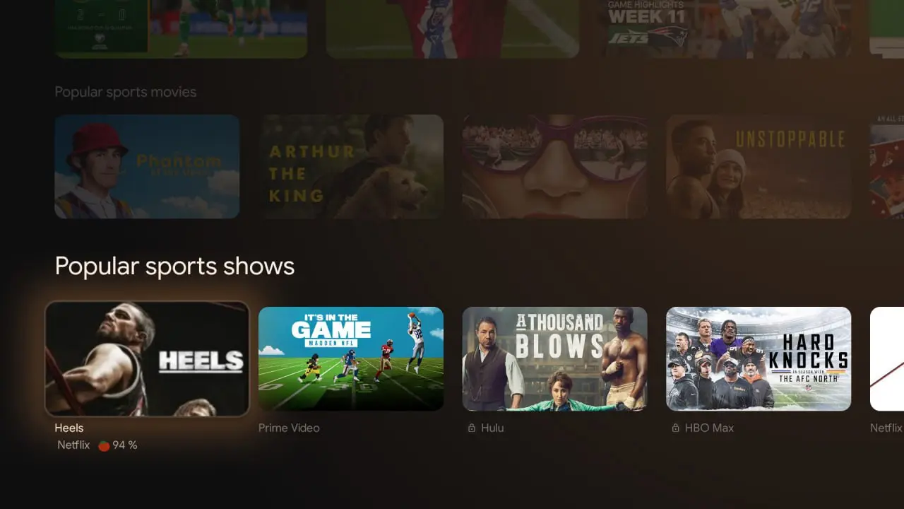Отдельный спортивный раздел в Google TV приставке. Компиляция событий из TV и VOD разных приложений. | Сетка — социальная сеть от hh.ru