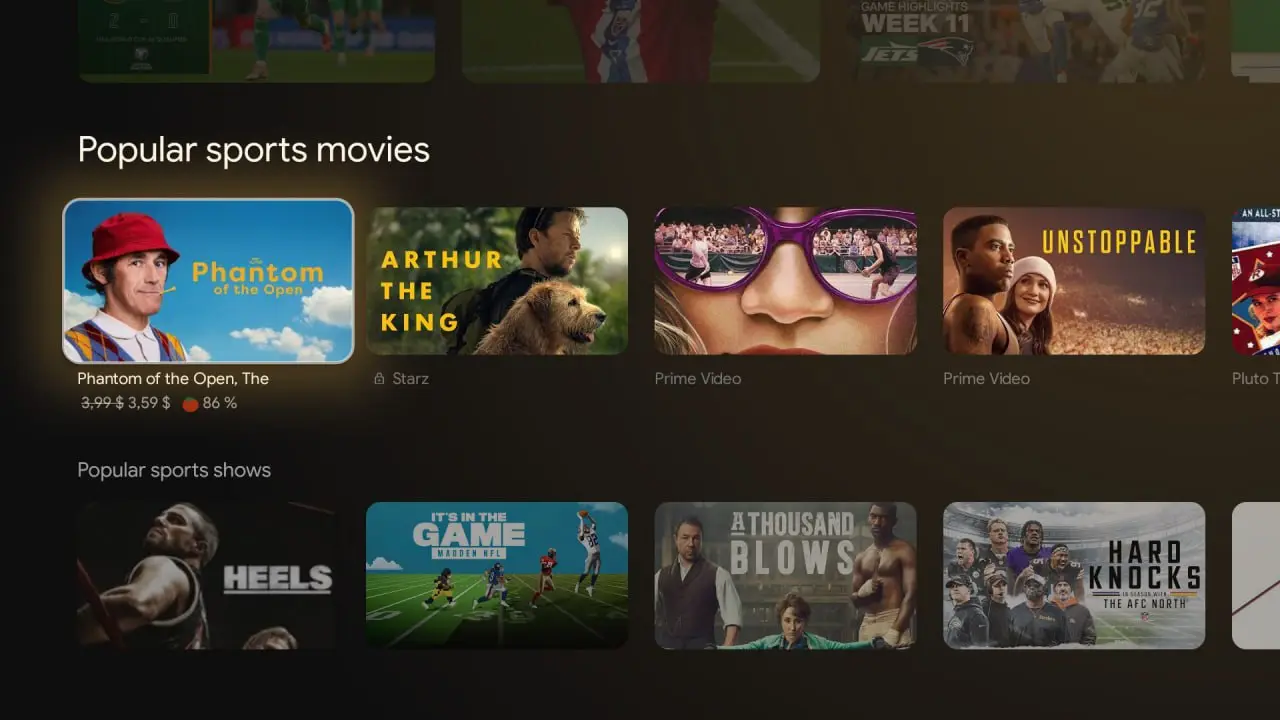 Отдельный спортивный раздел в Google TV приставке. Компиляция событий из TV и VOD разных приложений. | Сетка — социальная сеть от hh.ru