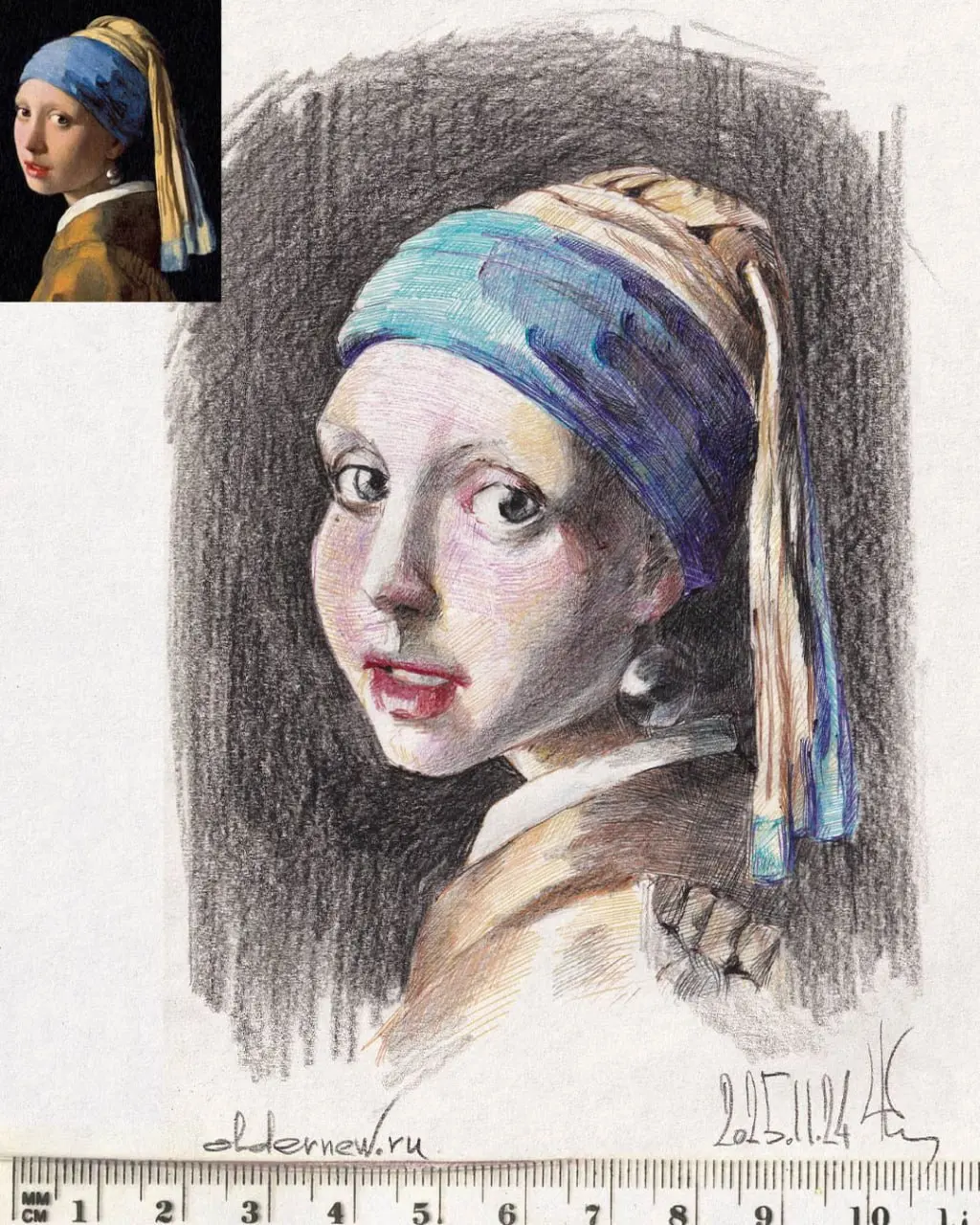 марафон «Рисуем каждый день» 7.0: Копии мастеров
Ян Вермеер. «Девушка с жемчужной сережкой» 1665 г.
Копия — цв. шар. ручки, чёрный карандаш (фон), бумага, А5.
 | Сетка — социальная сеть от hh.ru