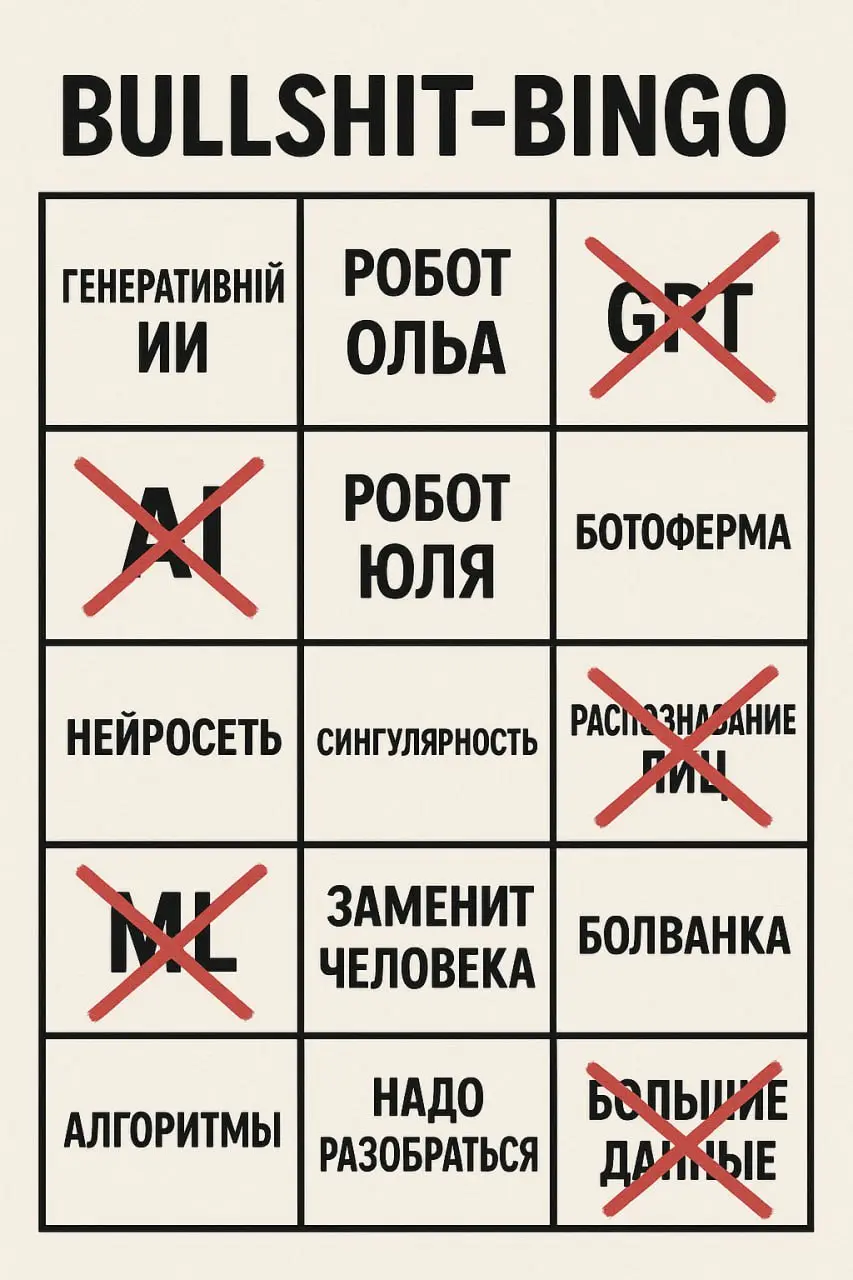 Извините, просто смешно:
в одном докладе было про ИИ-робота Юлю, про ИИ-робота Ольгу, был еще Валера, а сейчас ИИ-робот Софья.
можно вести ИИ-бинго с именами роботов | Сетка — социальная сеть от hh.ru