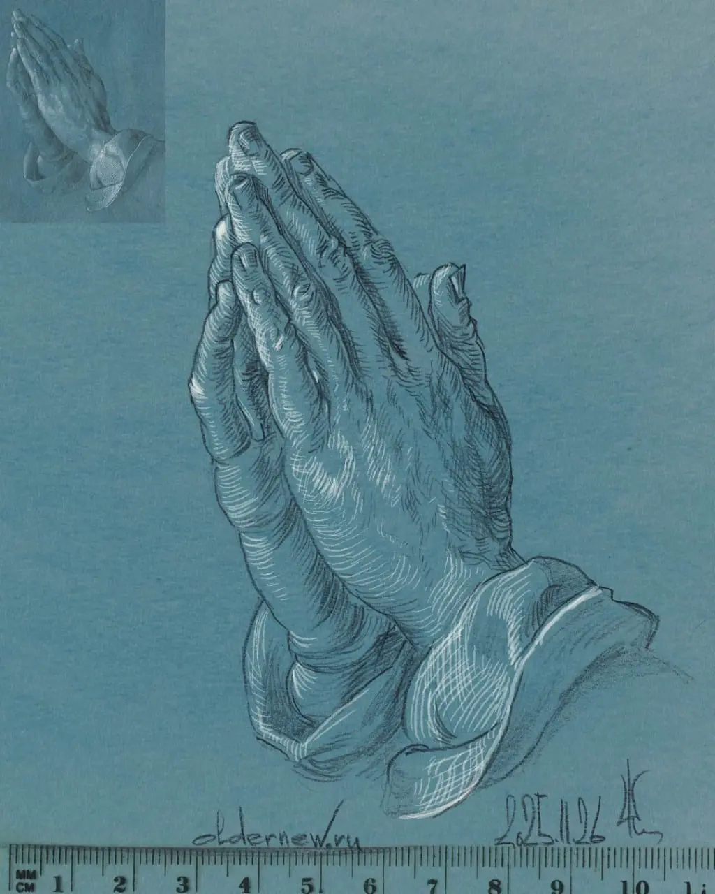 марафон «Рисуем каждый день» 7.0: Копии мастеров
Альбрехт Дюрер. «Руки молящегося». 29,1х18,7 см. Перо, тушь, белила. 1508 г.
Копия — карандаш, мел, бумага, А5 | Сетка — социальная сеть от hh.ru