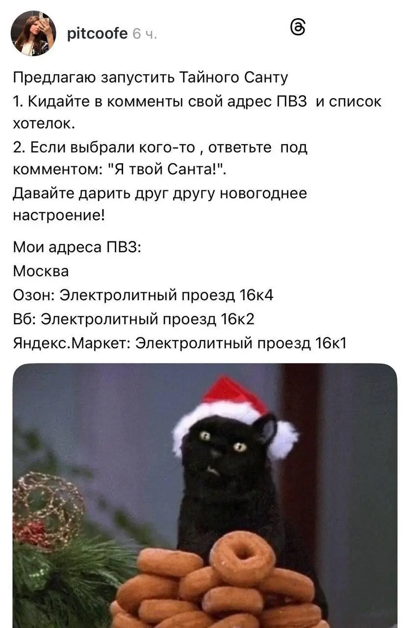 Россияне запустили в рилсиках Тайного Санту!
Суть тренда максимально проста: нужно указать адрес ближайшего ПВЗ и ждать подарка | Сетка — социальная сеть от hh.ru