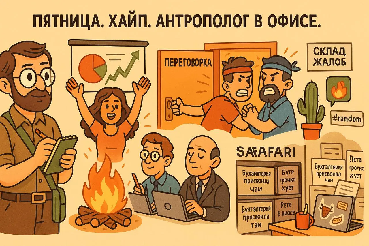 ПЯТНИЦА. ХАЙП. АНТРОПОЛОГ В ОФИСЕ.
🎭 Сцена 1: Ритуальные пляски у костра
Летучка. KPI. Презентации. Обычный день для нас — и этнографическое откровение для него | Сетка — социальная сеть от hh.ru