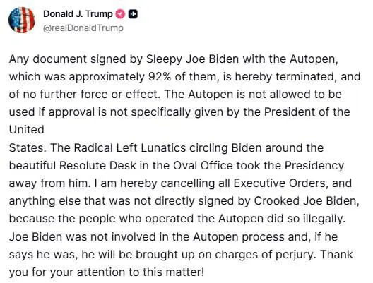 Трамп заявил, что отменяет все указы (Executive Orders) Байдена, подписанные «автопеном». Это 92% от всех распоряжений предшественника | Сетка — социальная сеть от hh.ru