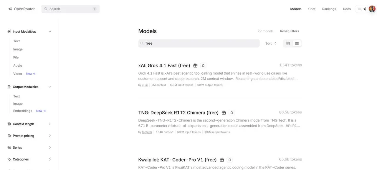 Как использовать крутые ИИ бесплатно?
Переходим на сайт: https://openrouter.ai/models?q=free ставим aилтр free, готово, берите api | Сетка — социальная сеть от hh.ru
