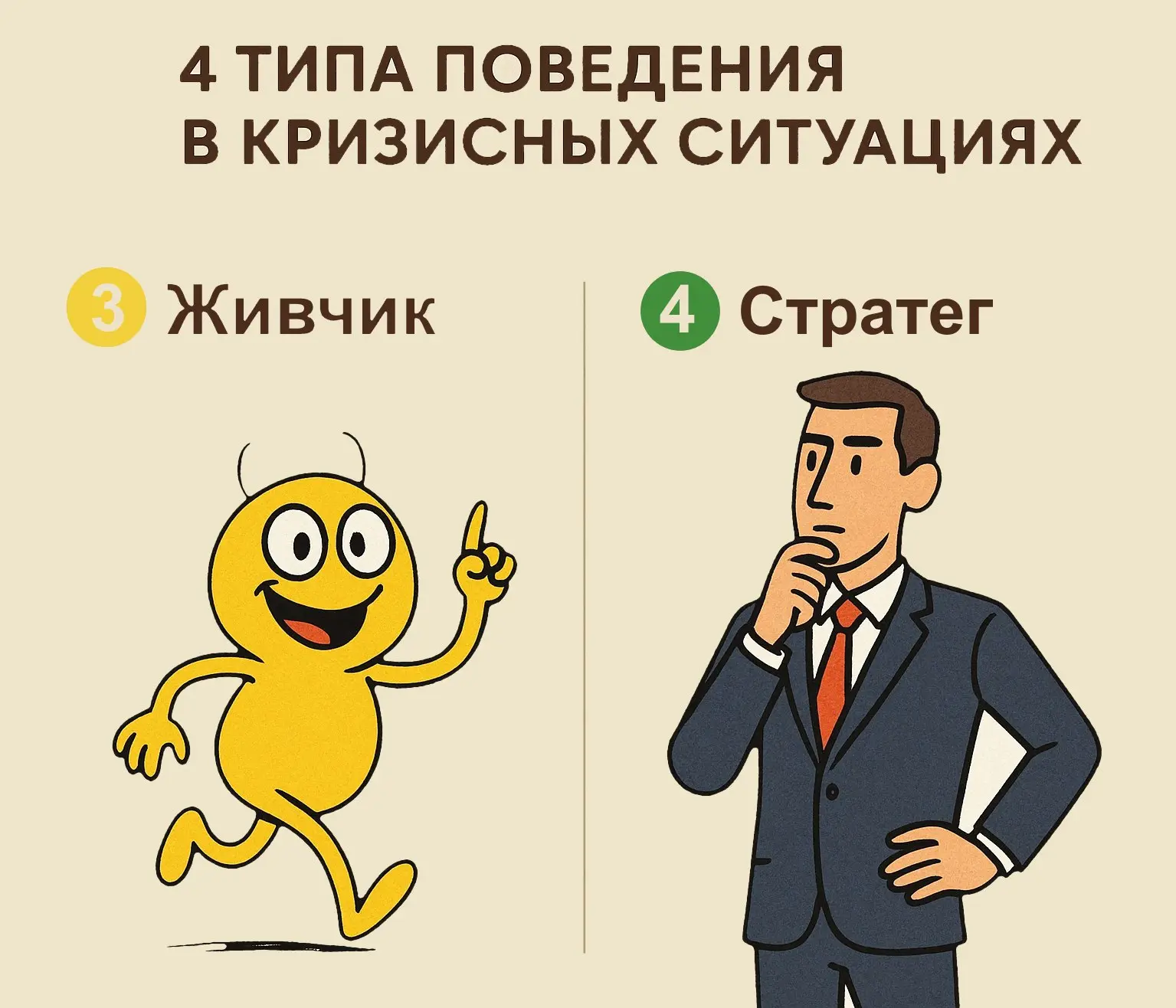 4 типа поведения в кризисных ситуациях
Продолжаю разбирать типы поведения в кризисных ситуациях
Сегодня два противоположных персонажа: скорость и осознанность
3️⃣ Живчик 🏃‍♂️
Это энергия на ножках
“По... | Сетка — социальная сеть от hh.ru