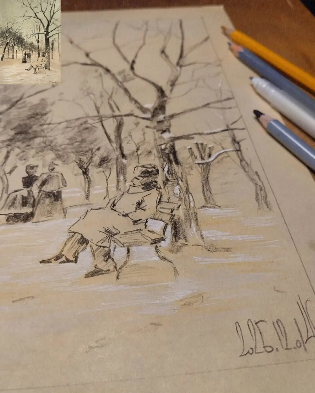 марафон «Рисуем каждый день» 7.0: Копии мастеров
Исаак Левитан. «На бульваре» (Литография с тоном. 18×14 см) 1884 г.
Копия — графит, цветные карандаши, бумага, А4 | Сетка — социальная сеть от hh.ru